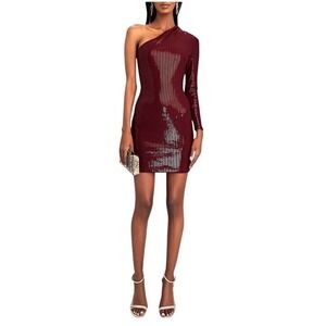 Solace London Zuri One Sleeve Sequined Jersey Mini Dress Burgundy Womens US 2